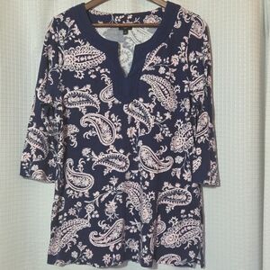 Talbots Women's XL Tunic Top Paisley 3/4 Sleeve Navy Pink